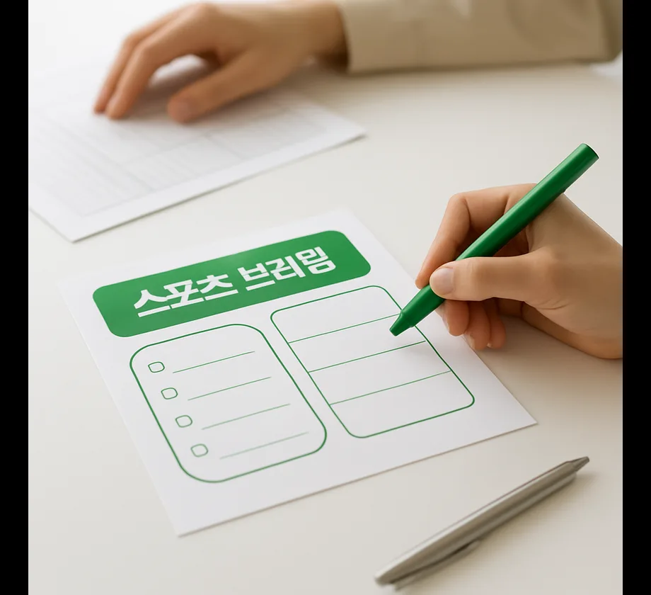 밝은 책상 위 스포츠 브리핑 편집 카드와 경기 일정 메모